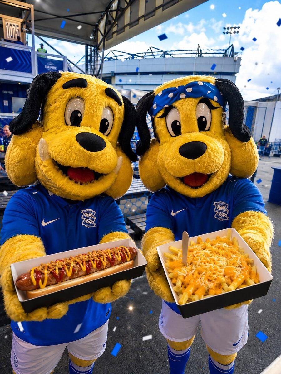 Stadium mascots with a Currywurst hot dog and cheese fries at a fan park
